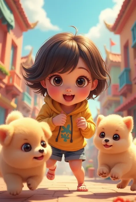 a lively and cute short-haired girl playing with many pomeranians, 1girl, detailed face, beautiful detailed eyes, beautiful detailed lips, extremely detailed eyes and face, long eyelashes, playful expression, adorable, happy, colorful, vibrant, dynamic, ac...