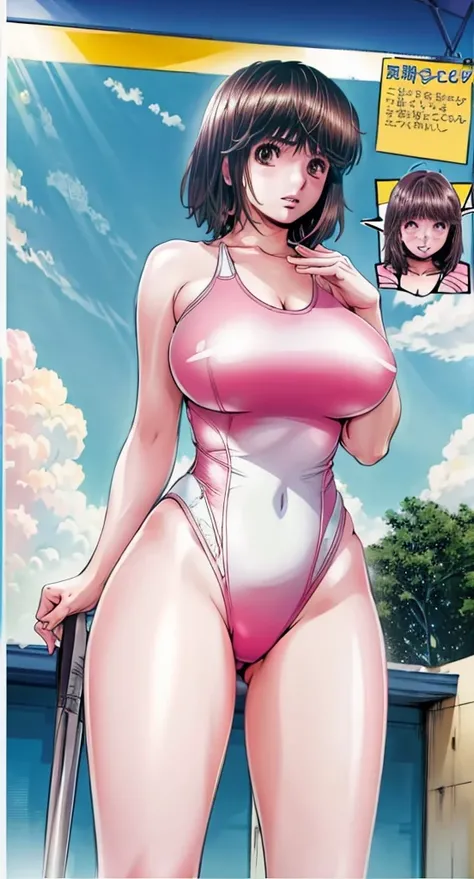 A beautiful woman with short hair, big breasts and beautiful legs is standing by the pool with her legs spread apart and blushing, wearing a bright pink high-cut swimsuit with the arena logo and lettering.。Angle from below。