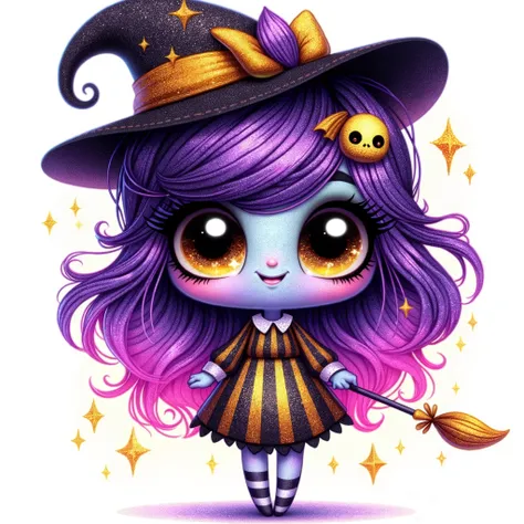 ultradetailed a quirky and funny and very cute and whimsical ultradetailed color 3D cute weird full body HALLOWEEN BEAUTIFUL HAPPY witch   with a mischievous expression character STAND, childrens book illustration, bright light color, isolated in white bac...