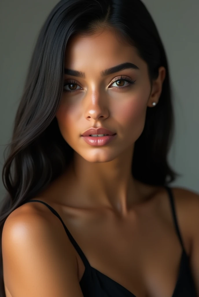 a very realistic and detailed close up portrait of beautiful latina girl, black skirt, perfect makeup, long sleek straight dark hair, high quality, photorealistic, 8k, luxury, elegant, sophisticated, confident, studio lighting, cinematic, piercing eyes, fu...