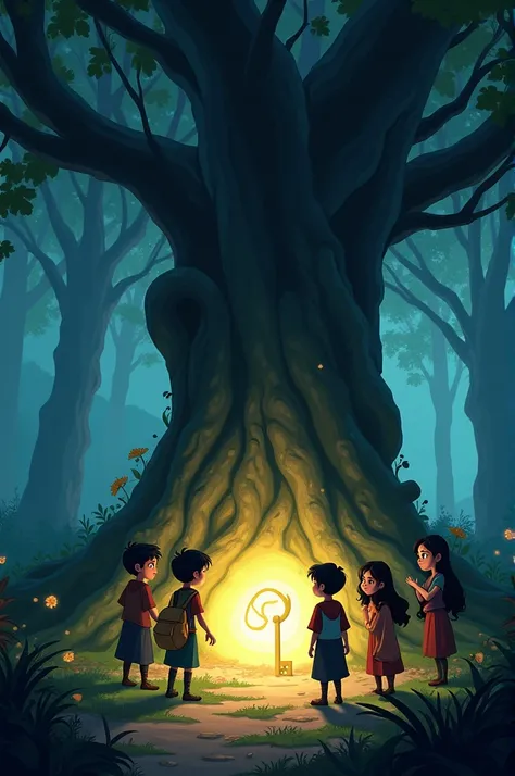 Ali and his friends placing the glowing key under the roots of an old tree, with anticipation on their faces."