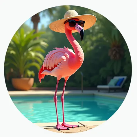 A standing flamingo wearing sunglasses, hat and a golf club, Fun and relaxed, the flamingo is standing in a pool, Image inside a circle, Whole body