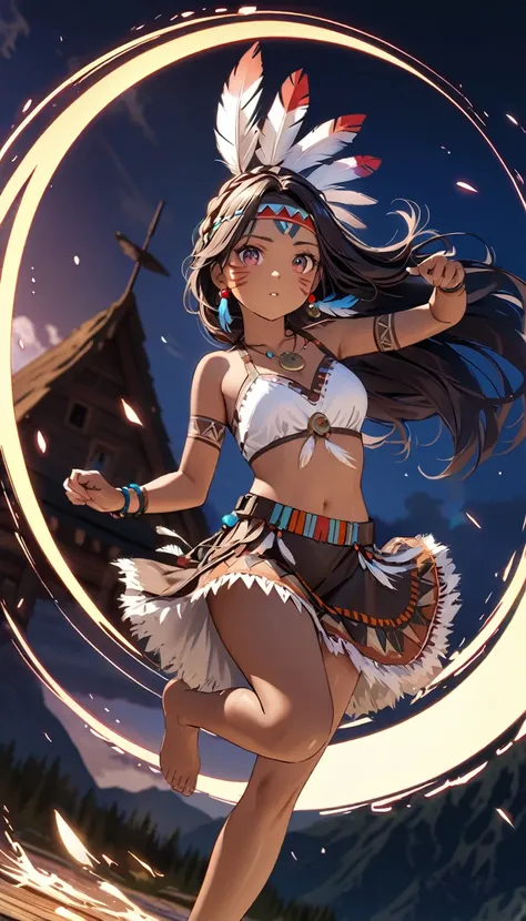 Native American female warrior(cute,beautiful,age of 22, (barefoot : 1.4), (facial mark : 1.3), (tribal body paint : 1.2), whold body, dark skin,dark floating hair,dark shiny eyes,big eyes,face with strong will,leather dress(fringe, glass beads),indian cap...