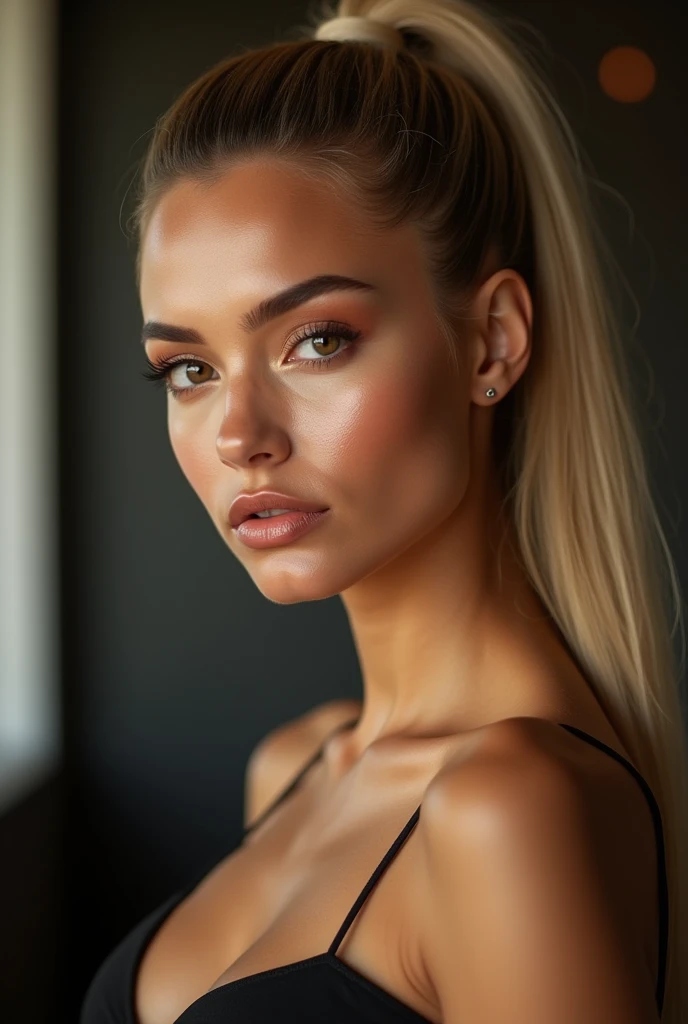 a very realistic and detailed close up portrait of beautiful south american girl, black skirt, perfect makeup, long sleek straight ponytail blonde hair, high quality, photorealistic, 8k, luxury, elegant, sophisticated, confident, studio lighting, cinematic...