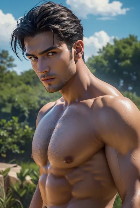 a tall handsome muscular man, solo, extremely detailed face and body, (shiny smooth skin), hot glow in his skin, perfect facial features, beautiful eyes, short hairstyle, sexy gaze, looking at the viewer romantically, explorer, explorers clothes, ancient r...