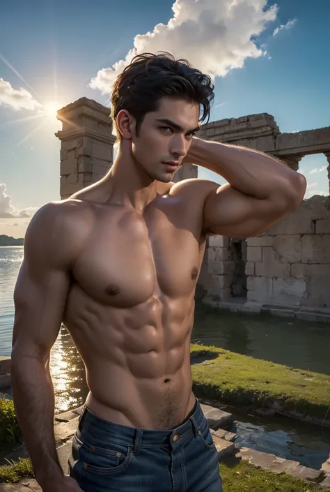 a tall handsome muscular man, solo, extremely detailed face and body, (shiny smooth skin), hot glow in his skin, perfect facial features, beautiful eyes, short hairstyle, sexy gaze, looking at the viewer romantically, explorer, explorers clothes, ancient r...