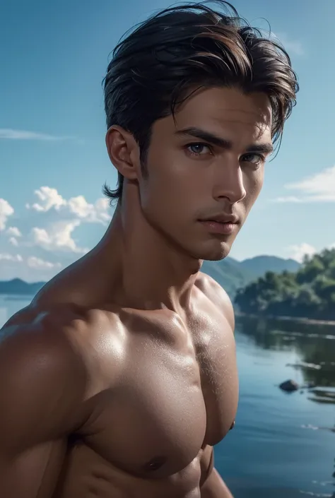 a tall handsome muscular man, solo, extremely detailed face and body, (shiny smooth skin), hot glow in his skin, perfect facial features, beautiful eyes, short hairstyle, sexy gaze, looking at the viewer romantically, explorer, explorers clothes, ancient r...