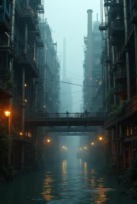 (((steampunk))), city, (((overcrowded buildings))), exposed gears and pipes, (((muffled light))), flooded land, ((gears)), ((thick pipes)), covered bridge, Bottom-up perspective, reflecting the height of the building, dark weather, chimneymechanical device...