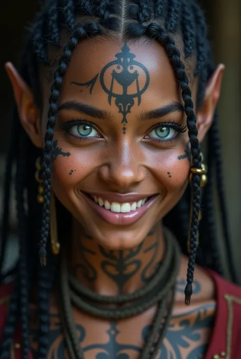 Hyperrealism Close-up of smiling woman with tattoos on her face, dark Elf, , braided complex hair, portrait shot with brown matte skin and light blue eyes