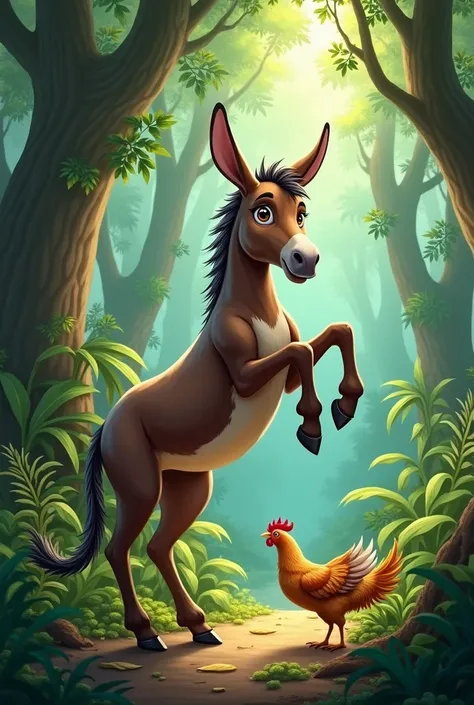 draw a donkey whose first two legs are in air and other on ground and there is wing of a hen fallen on the ground besides donkey in the jungle