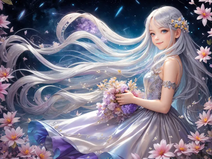 ((Silver colored hair、long hair)) ,((Wear a colorful floral satin dress)),Branch of delicate lilac flowers, Ultra-transparent, holy Light, beautiful spectral Light, Petals Shine, Blink,drops of transparent Light, reflective Light, bright, Light streaming i...