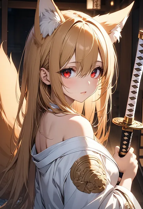 Long hair、Straight Hair、 (Red eyes:1.5),  animal ears, tail, GOLD hair, fox ears, fox tail, White kimono、Holding a Japanese sword,Off the shoulder、胸の谷間 BREAK looking at viewer, BREAK outside, BREAK (masterpiece:1.2), best quality, high resolution, unity 8k...