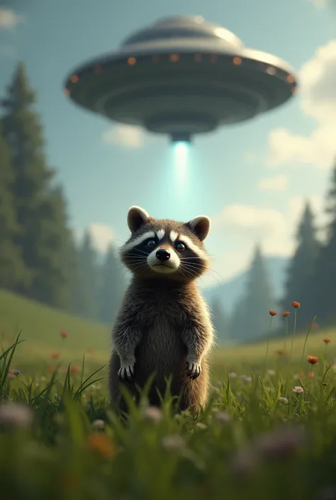 A raccoon with wide eyes, appearing startled or curious, set against a backdrop of a field. Above the raccoon, theres a UFO hovering in the sky, casting a shadow on the ground below. The overall tone of the image is mysterious, with the raccoon being the c...