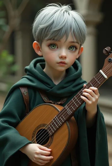 Human,23yearsold ,green eyes,gray hair,white skin,monk,wear tonic,short hair,holding lute,23 years,medival