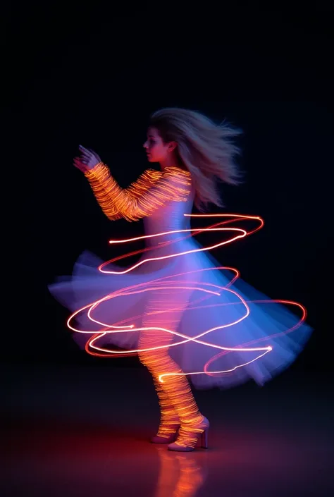 In the style of light painting
photography, a long exposure woman
portrait is made using the Sony A7R IV
with a Sony FE 24-105mm f/4 G OSS
lens. The image captures a figure
dancing, blurred yet graceful, bathed in
streaks of multicolored light that create
...