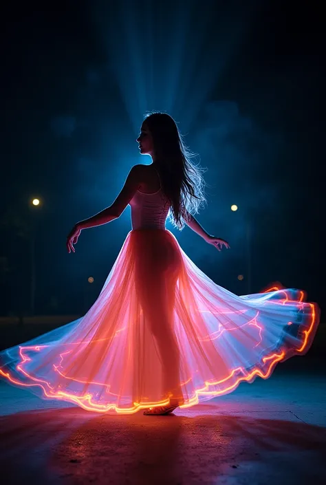 In the style of light painting
photography, a long exposure woman
portrait is made using the Sony A7R IV
with a Sony FE 24-105mm f/4 G OSS
lens. The image captures a figure
dancing, blurred yet graceful, bathed in
streaks of multicolored light that create
...