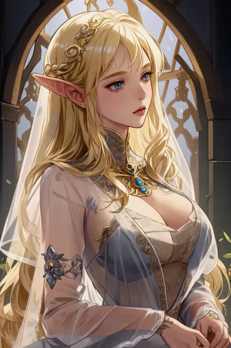 Very detailed, One Girl, Wide viewing angles, Large, firm, swaying bust, Very delicate depiction,  Detailed depiction of the face, Detailed depiction of hair, Accurate skeleton, See-through dress, Elven Princess Knight, Beautiful long blonde hair, 