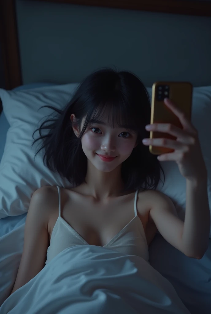 Cute Japanese　Gentle smile　20-year-old　Exposed Skin　　camisole　Lying on the bed　Taking a selfie with his right hand　A female college student&#39;s room　Lovely bed　The room is dark at night　8k　Black hair　shoulder length bob cut　Smaller lips　Big Eyes　Thin eye...