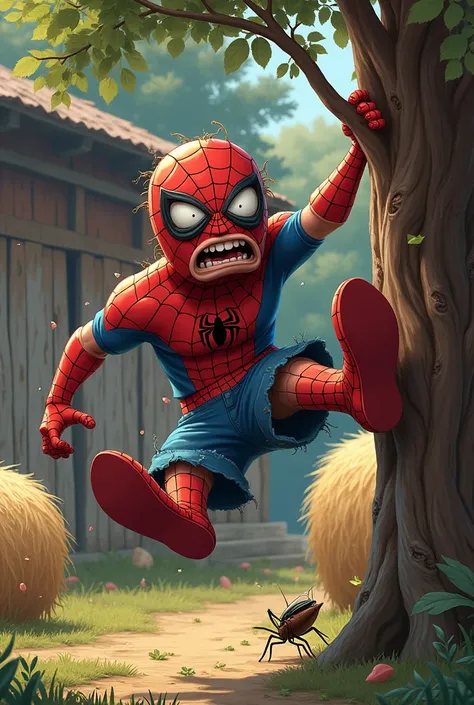 Image of a hilarious scene of a Spiderman with messy mask, screaming in fear when he falls from a tree, wearing a t-shirt and shorts. A cockroach, strangely out of place, bit and tore his bottom pants viciously, while the spidermans face showed exaggerated...