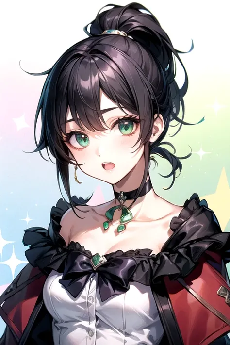 (highest quality)、(highest quality)、cute、(choker).eyes are emerald、(ponytail)、(black hair)、