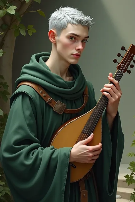 Human,green eyes,gray hair,white skin,monk,wear tonic,short hair,holding lute,27 years,medieval