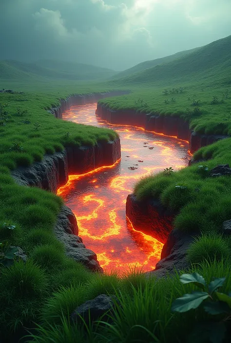 Lava pool surrounding green grass
