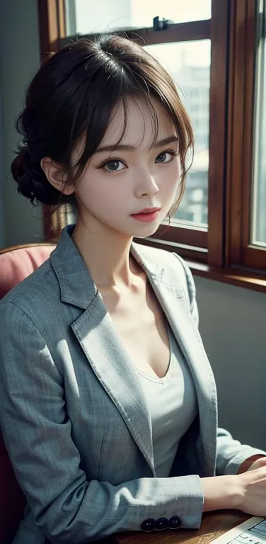 masterpiece, 1 beautiful girl, detailed, Swollen eyes, Highest quality, 超High resolution, (reality: 1.4), Original photo, One Girl, Cinema Lighting, Look away and look out the window、Thinking face、Asian Beauty, clean, so beautiful, Small young face, Beauti...