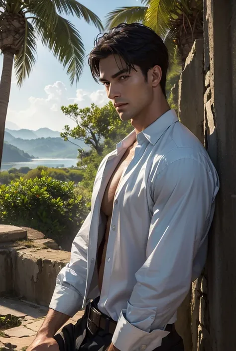 a tall handsome muscular man, solo, extremely detailed face and body, (shiny smooth skin), hot glow in his skin, perfect facial features, beautiful eyes, short hairstyle, sexy gaze, looking at the viewer romantically, explorer, (explorers clothes, open shi...