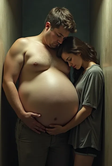 A attractive young man with an enormous big belly is pressed into a very small room. His belly is so big that he nearly fills out the entire room. A women is besides the young man. The women is pressed directly to his enormous belly. They both look sad. Th...