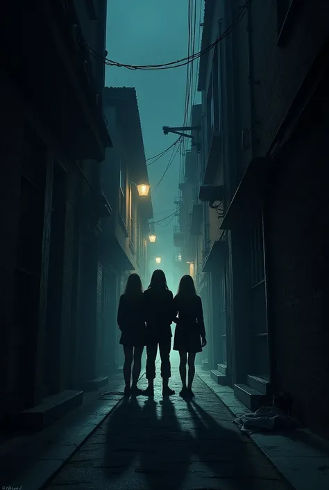 A dimly lit alley at night with three friends standing at the entrance. The alley should look mysterious, with shadows and faint lights at the far end.