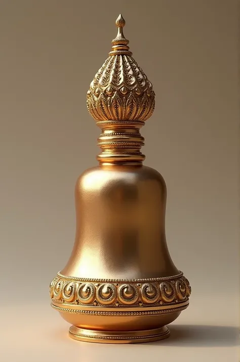 perfume bottle:

Tall, bell-shaped, gold or copper colored, Thai-style bottle caps, such as stucco patterns