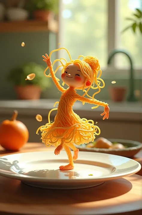 Leonard Ai Prompt - " A whimsical miniature figure composed of delicately arranged noodles, poised in a carefree dance on the rim f a plate, white shiny plate, seten a table, vibrant kitchen backdrop, where dappled sunlight filters through the canopy above...