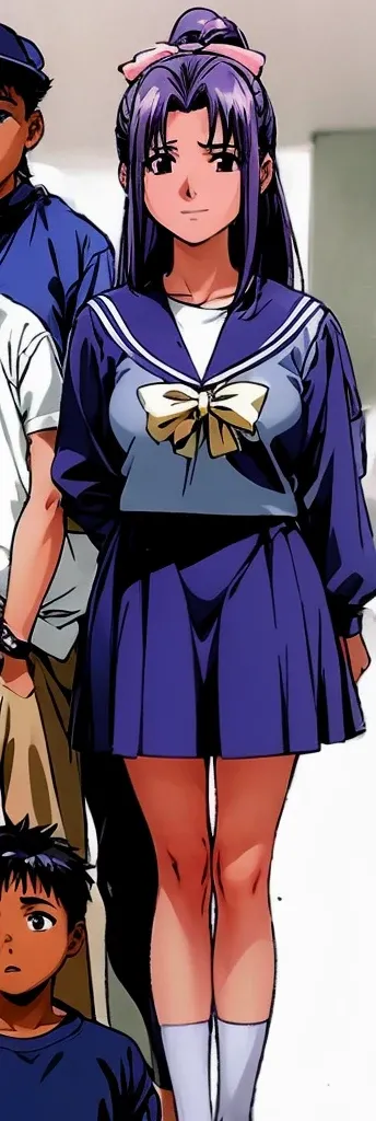 Momoko Koigakubo, a tall woman with beautiful legs, stands in a sailor uniform with a dark blue miniskirt.。A fifth grade boy is standing next to Momoko Koigakubo and is being held by her.。