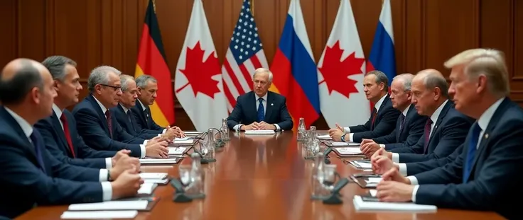 realistic photo of a meeting with the Presidents of the United States, Japan, Germany, Canada, France, Italy, United Kingdom and Russia, flags in the background