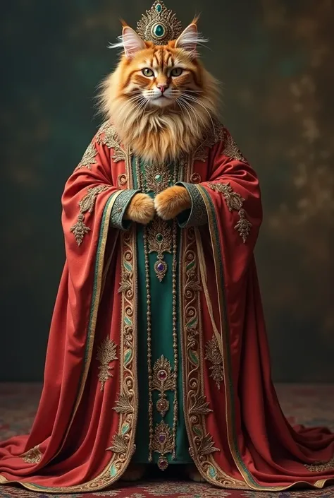  A black graceful Maine Coon cat wearing a luxurious Middle Eastern kaftan with rich embroidery and a matching headpiece. The cat walks on two legs, displaying the flowing fabric with an air of royalty.