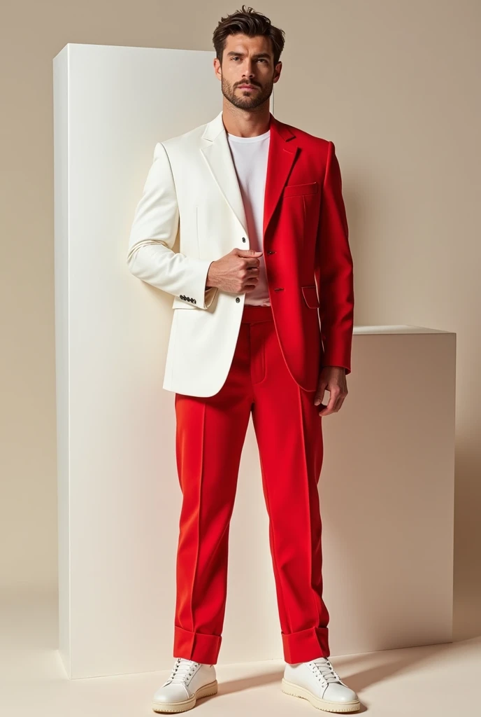 Male model showing off his white or red colored outfit. 