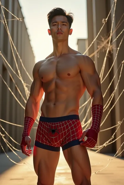 In the captivating picture is a handsome Korean man 3 with his light, white skin like a hero, the background in a large and bold warehouse, his charm radiates as he proudly shows off his sixpack and muscular arms in a full standing pose. He is wearing sexy...