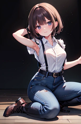 Brown Hair、Looking at the audience　　suspenders　　　bulging big breasts　　 　 　　　　jeans　boots　　　　　sight　　　Small face　bangs 　　　　　beauty　　Show your hand　　 　sight 　黒いboots 　Taunt　　Armpit sweat　One person 　　Place your hands behind your back　Dress shirt　　belt