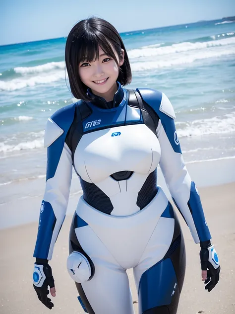 Japanese female android,Black Hair,White and blue robot suit,Plump,Playing on the beach in the evening,smile