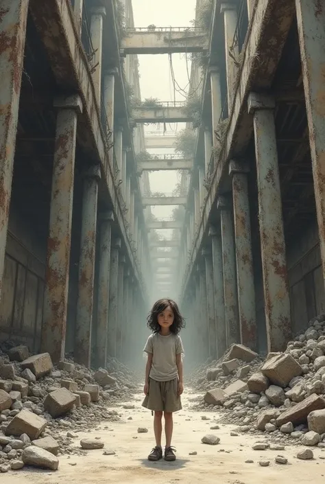 
Make a sketch of an  orphan girl, standing in an old remote place inside an old factory and thinking of herself as the future, grown up and educated. The plan is for filming