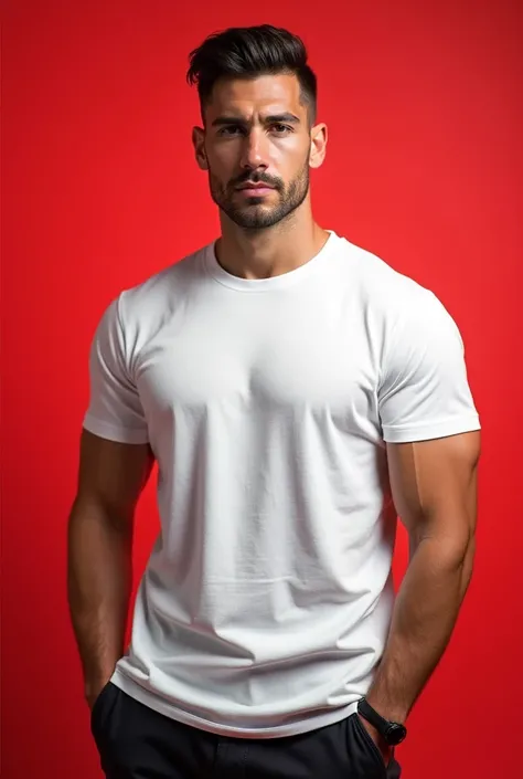 Male model showing off his white or red colored t-shirt. 