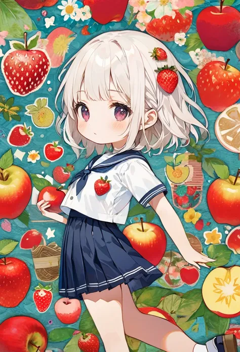 (masterpiece, best quality),
woodblock print collage depicting,chibi,chibi-girl,side view,she is surrounded by apple and strawberry symbols,detailed face,school-uniform(white school blouse),summer,fruits,colorful, collage art, contemporary artistic collage...