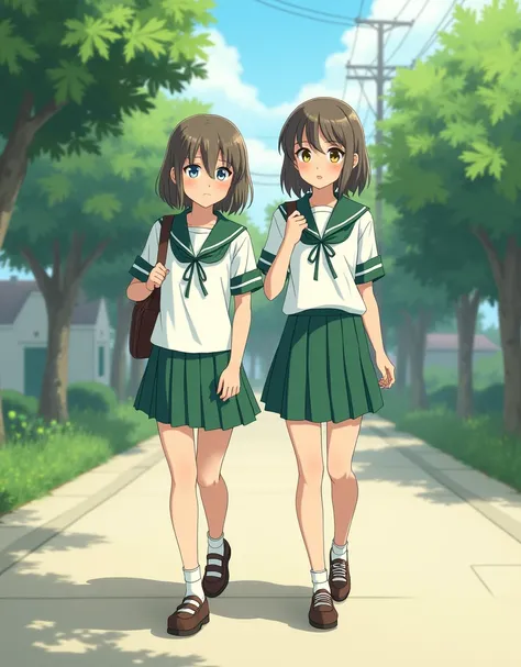 A 2 girl, wearing a green and white school uniform, peacefully walking to the road.