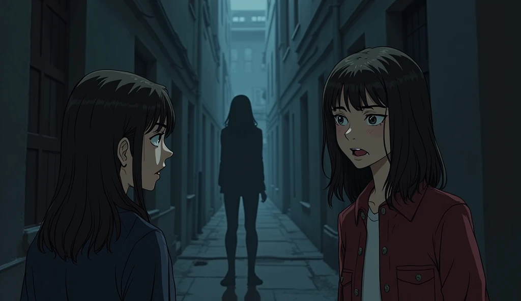 The friends looking over their shoulders with frightened expressions, the alley behind them empty but filled with dark shadows. A faint, ghostly outline could be suggested to indicate the source of the sounds.