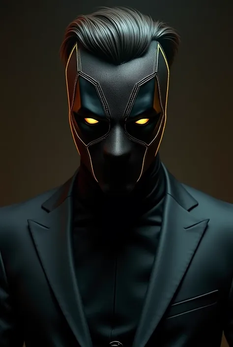 Deadpool with a sleek black mask with golden veins. His hair is styled in a fashionable way, and hes wearing a sharp black suit. His face is hidden behind the mask, but his eyes are visible and have a mischievous glint. The background is a dark and mysteri...