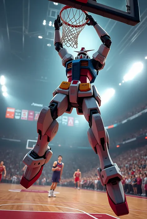 Gundam RX-78-2 about to dunk in a basketball court, lights and crowd, its balling, epic image, on air and jumping