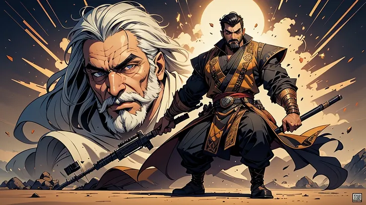 Create a digital painted comic-style illustration featuring Qadeer Khan, a formidable Pakistani villain. He has grey eyes, short black hair, and a long face with a strong jawline, complemented by a handlebar mustache. Standing at 6 feet tall with a muscula...