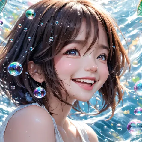 a Girl,laughing,Colorful colors,surrounded by water bubbles,in the style of Kawacy,Masterpiece,Oil painting drawn in anime style,(head close - up:2),Tyndall effect,water drops,mother - of - pearl iridescence,Holographic white,(face_focus:1.5),