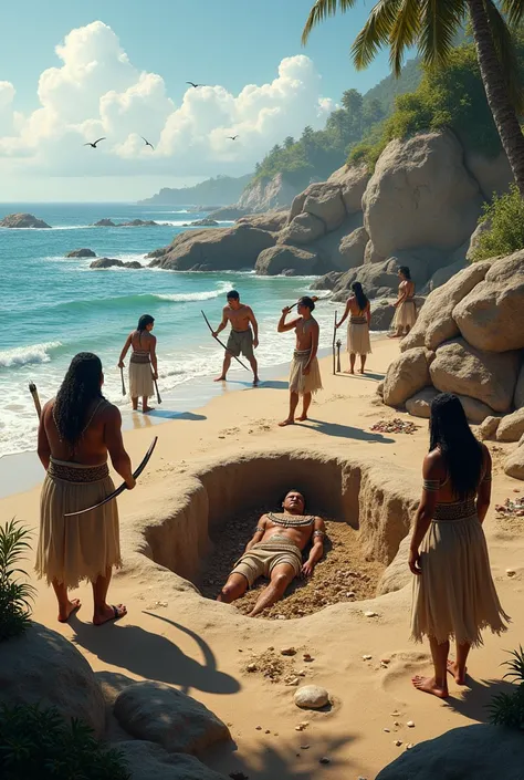 A coastal setting with people fishing and gathering shellfish using simple tools. A burial site is shown, with a figure being laid to rest with items like beads or tools, indicating a form of early social stratification. Nearby, a hunter uses a bow and arr...