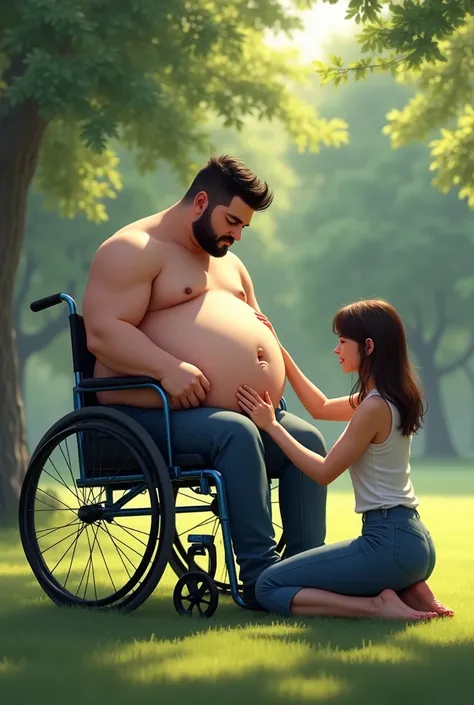 A attractive young man with an enormous big belly is trying to stand up from his wheelchair. But he can’t. A women is trying to help him, by holding his big belly.They both look sad. She is sitting in front of him on the gras. They are in the park. 